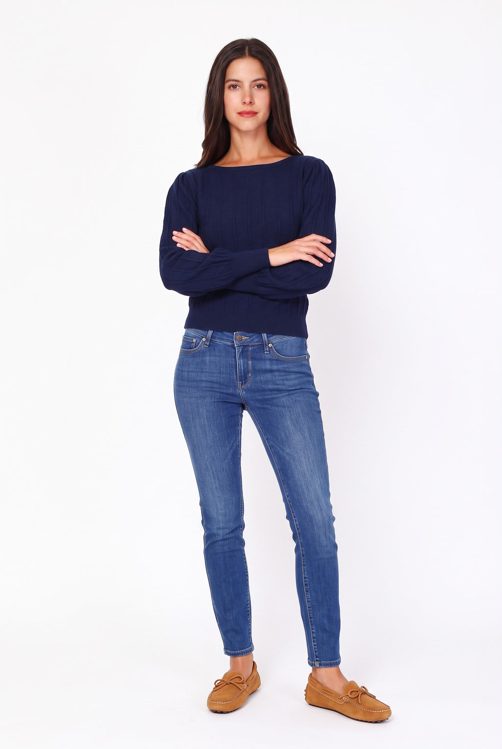 Fancy knit boat neck sweater with long balloon sleeves – Night blue – William de Faye