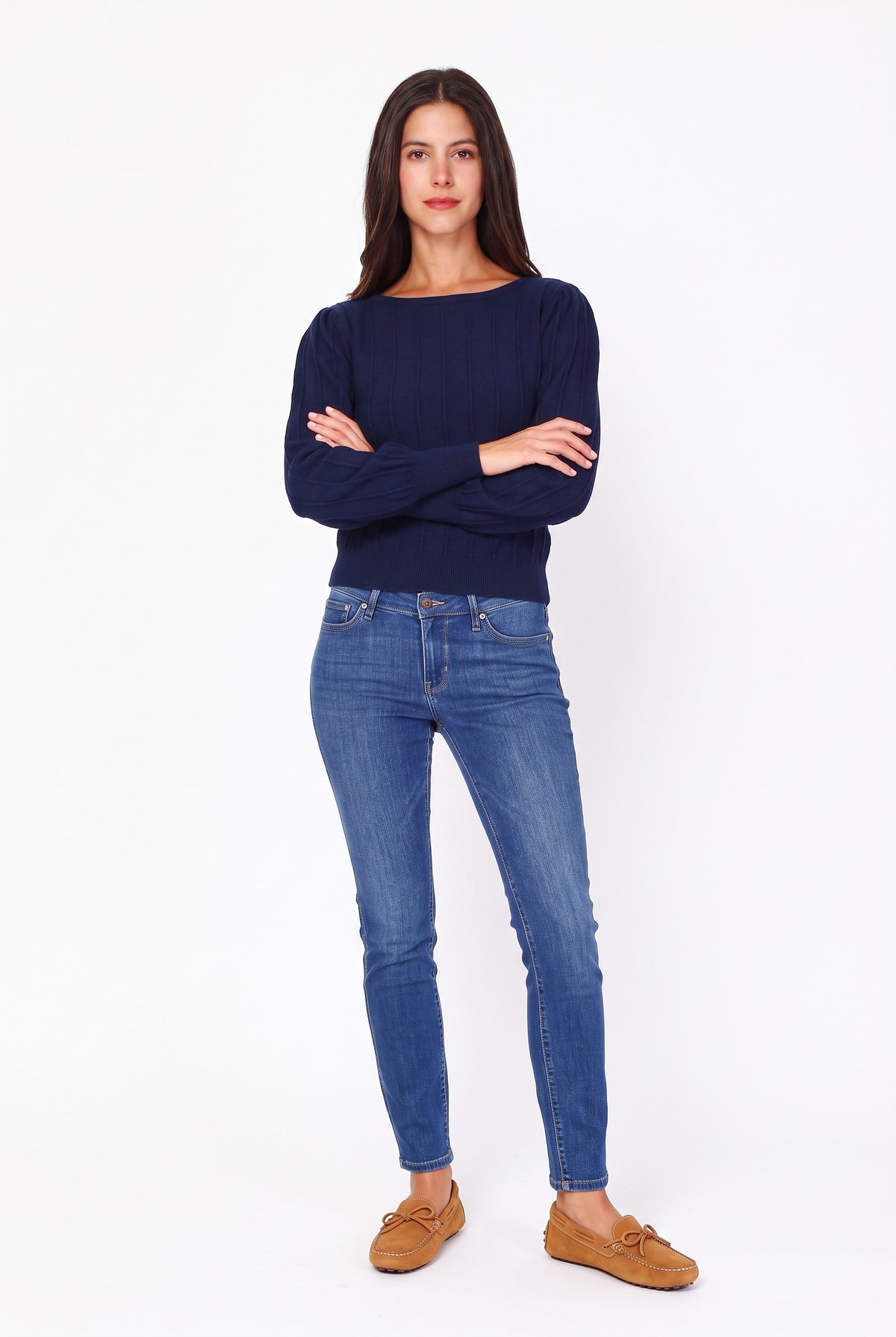 Fancy knit boat neck sweater with long balloon sleeves – Night blue – William de Faye