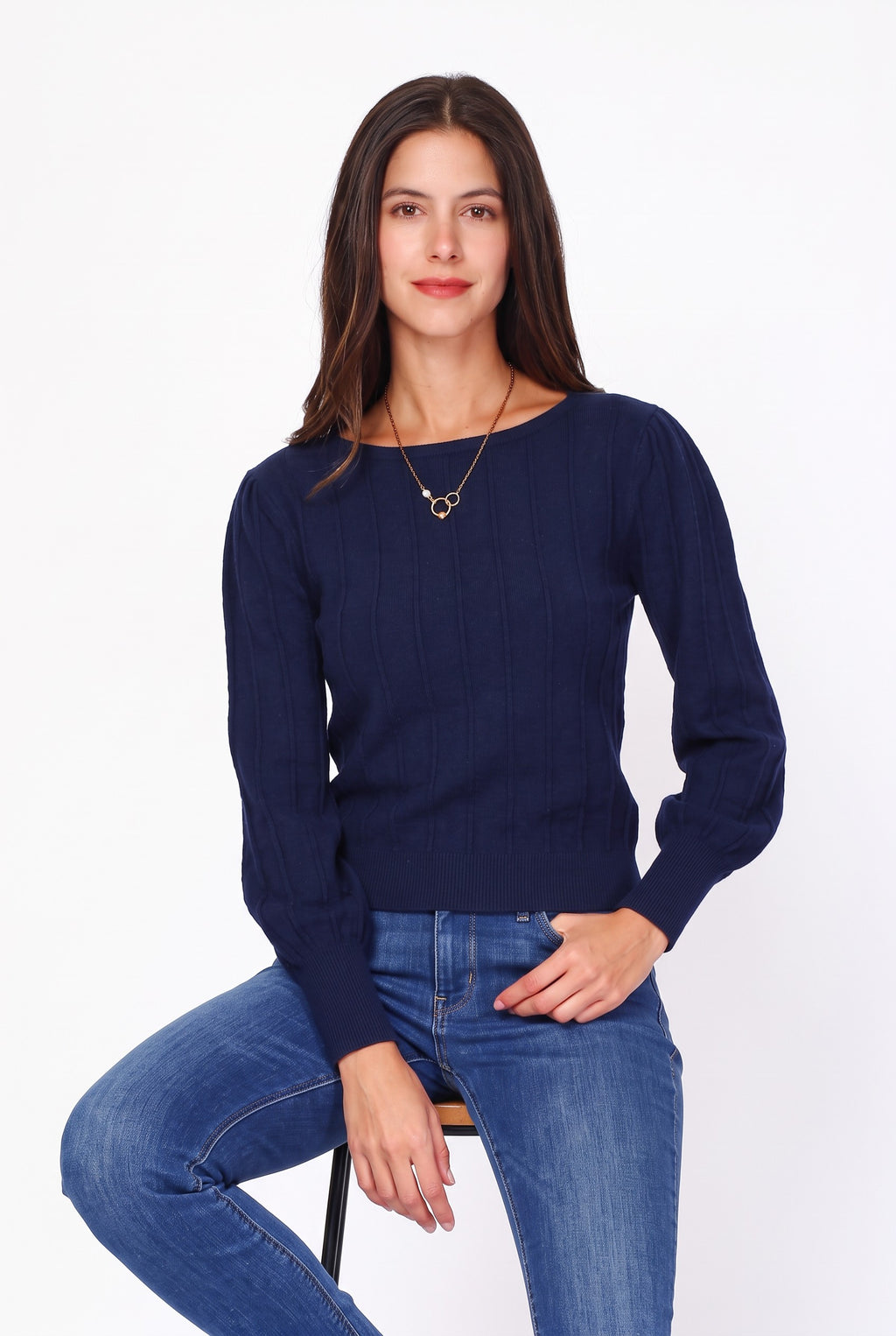 Fancy knit boat neck sweater with long balloon sleeves – Night blue – William de Faye