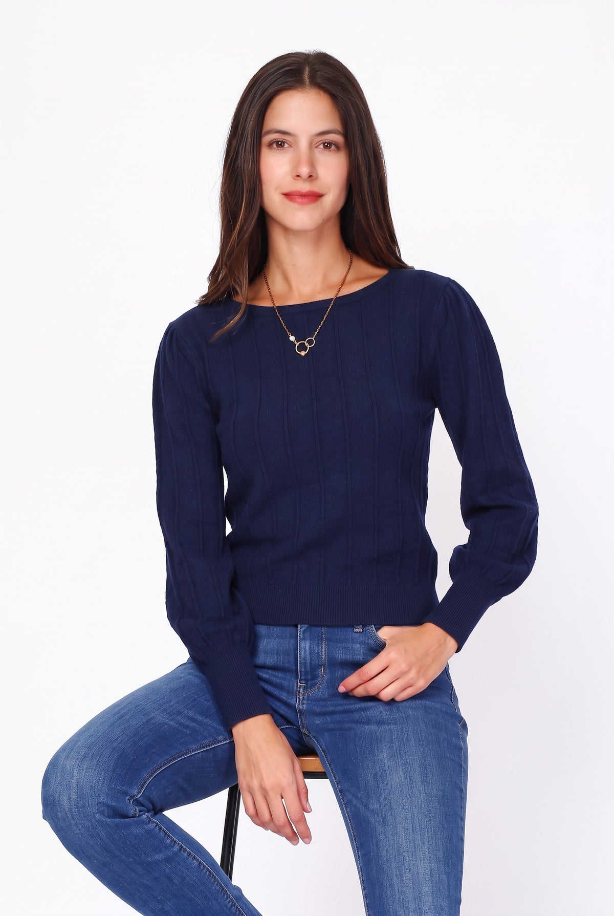Fancy knit boat neck sweater with long balloon sleeves – Night blue – William de Faye