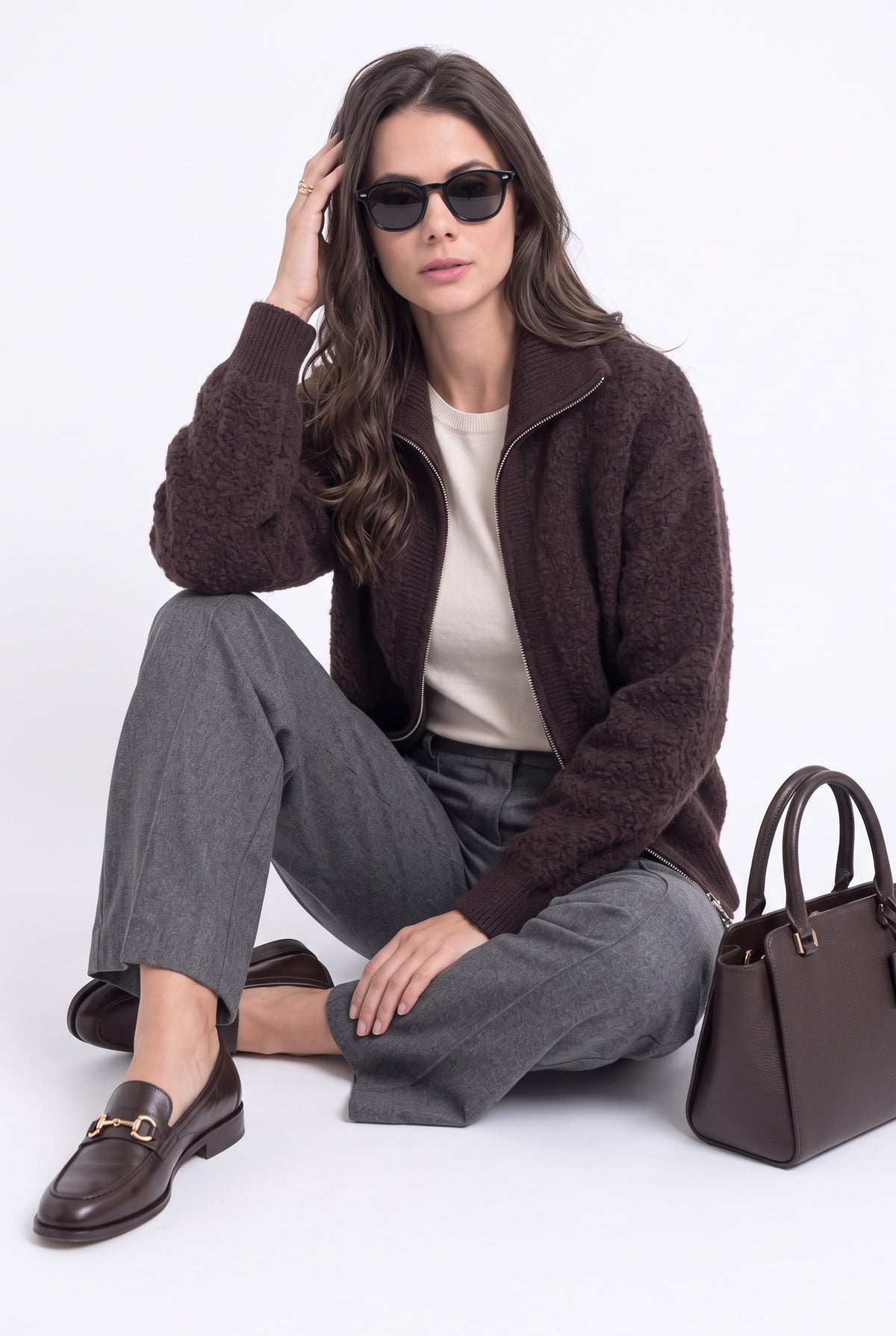 Gilet col montant zippé sherpa – Café – William de Faye