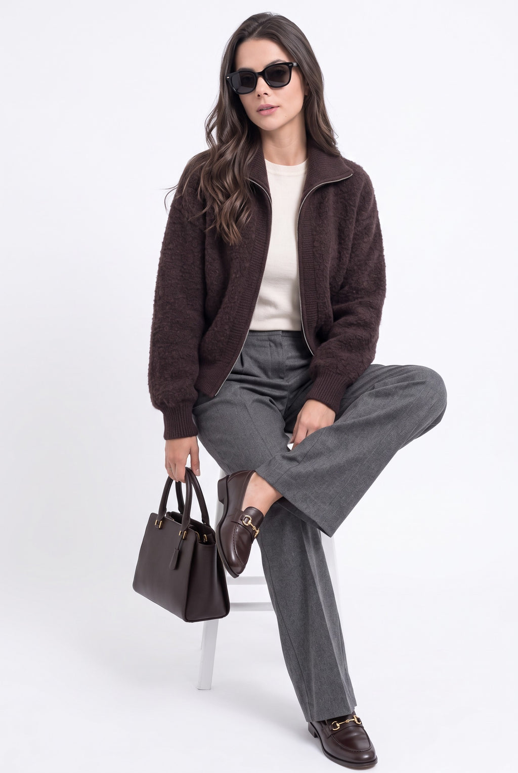 High-neck zip-up vest with long sleeves, sherpa knit – Coffee – William de Faye