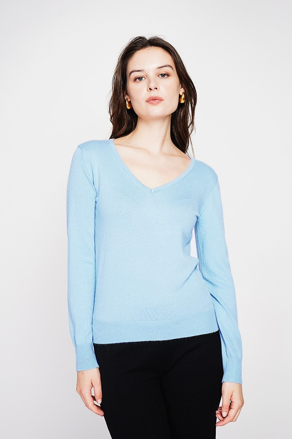 Pull col V classique 2 fils – Bleu ciel – William de Faye