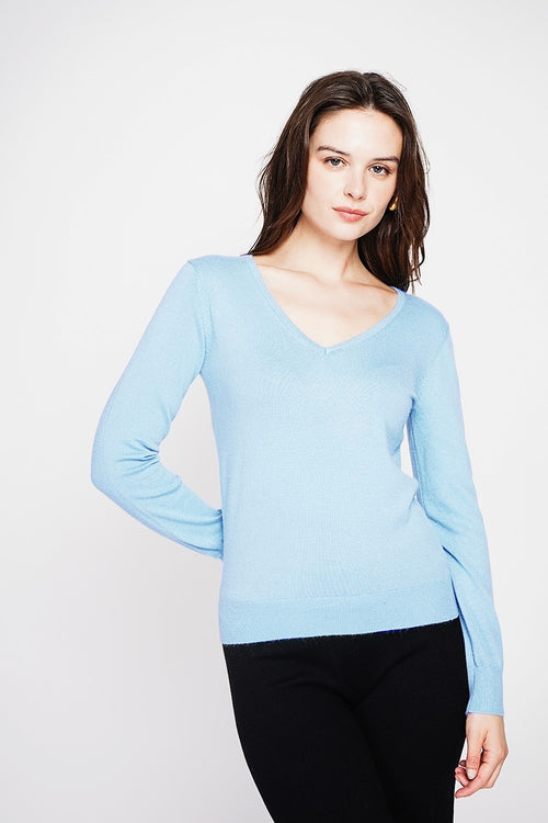 Classic V-neck sweater with long sleeves, 2-ply knit – Sky blue – William de Faye