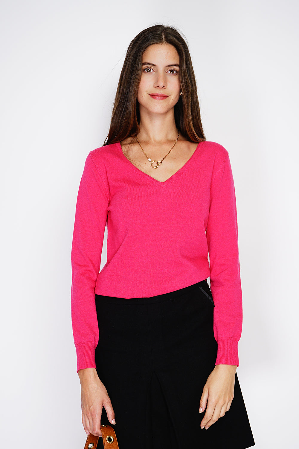 Pull col V classique 2 fils – Fuchsia – William de Faye