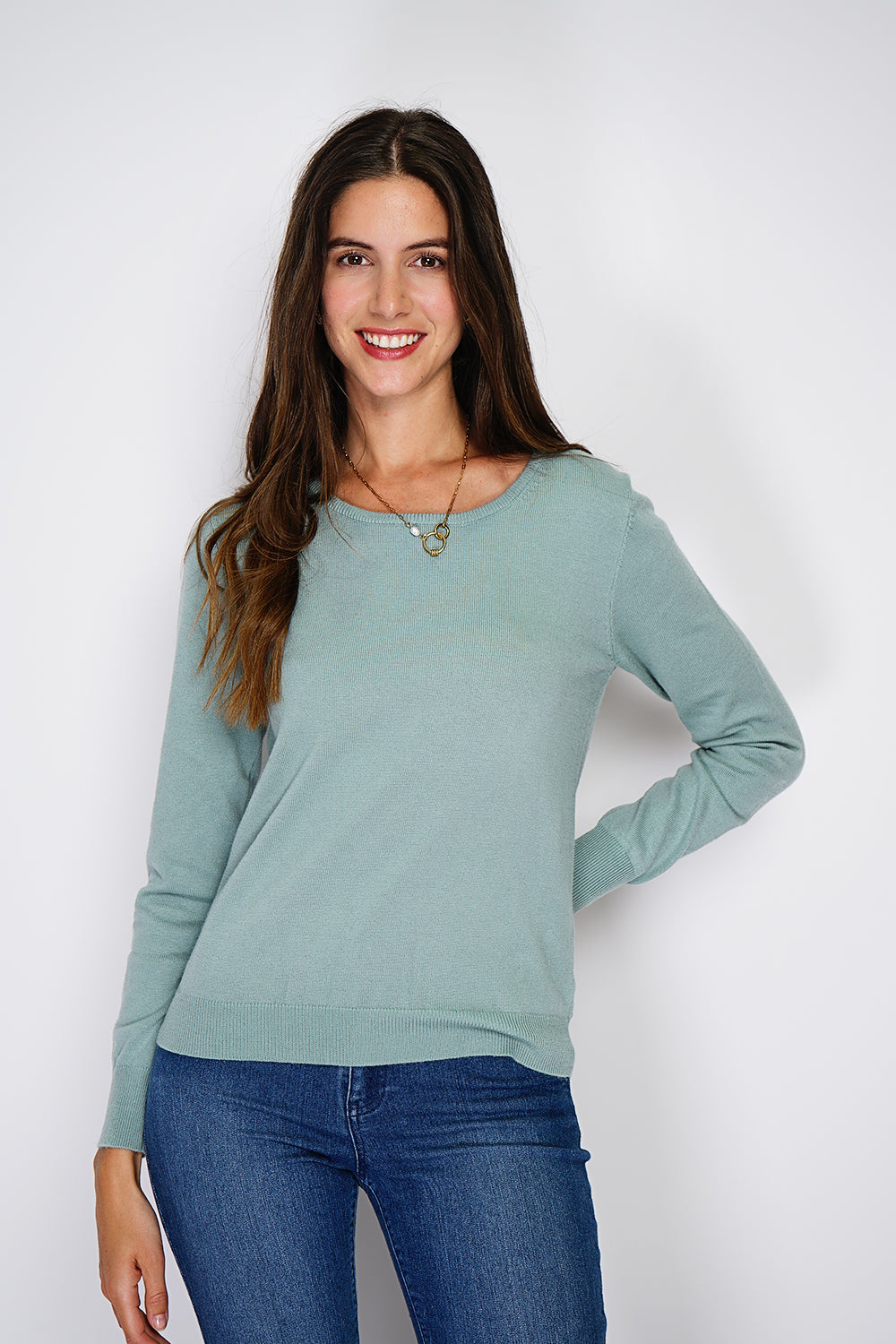 Pull col rond classique 2 fils – Vert jade – William de Faye