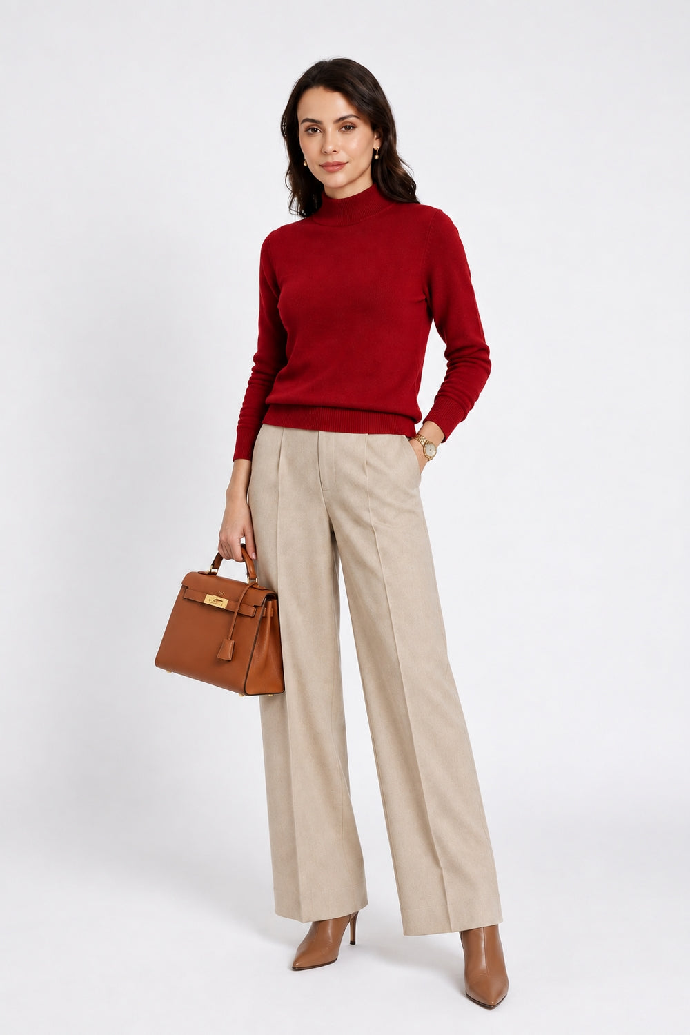 Classic long-sleeved high-neck sweater in 2-ply knit – Hermes red – William de Faye