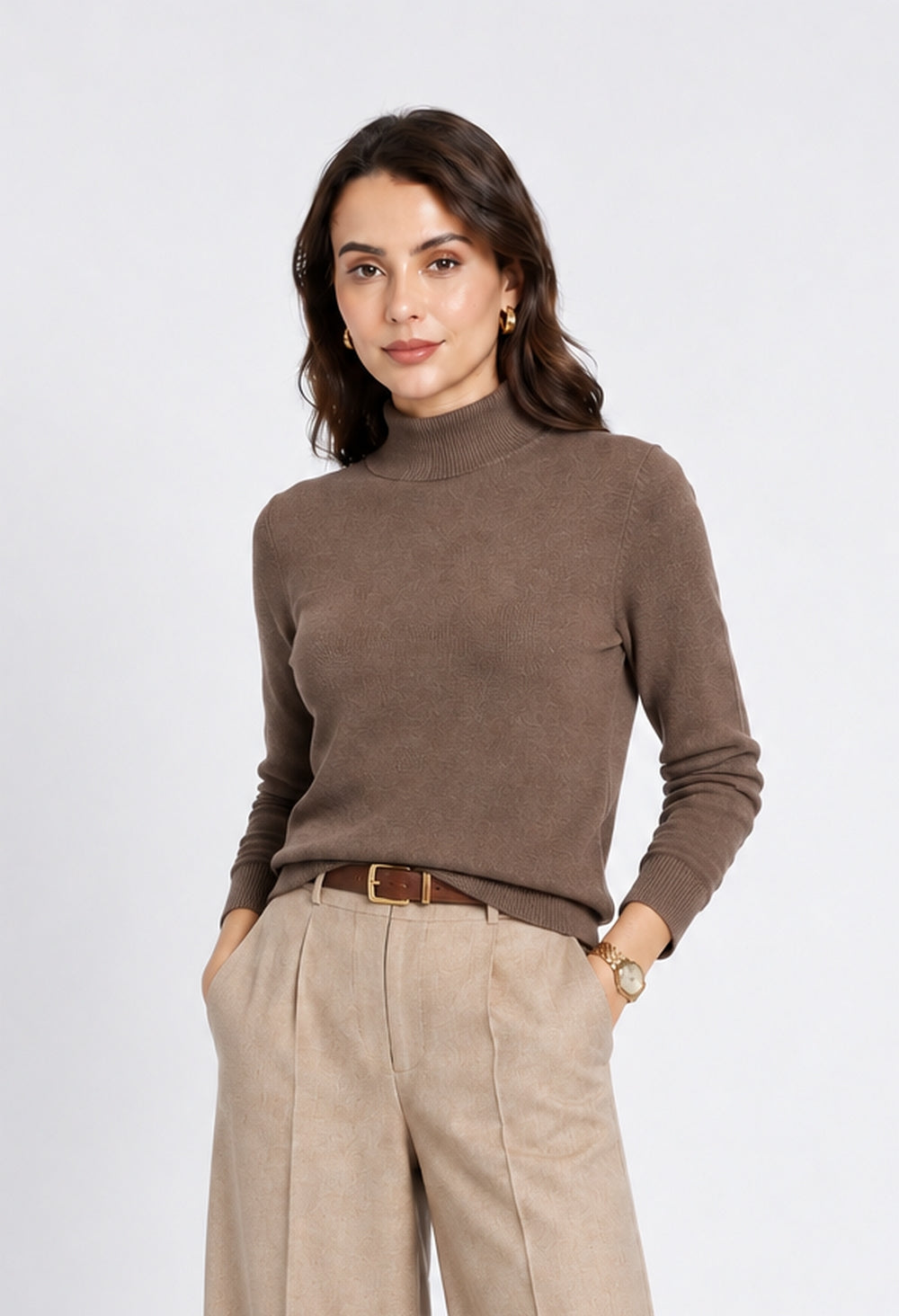 Classic long-sleeved high-neck sweater in 2-ply knit – Brown – William de Faye