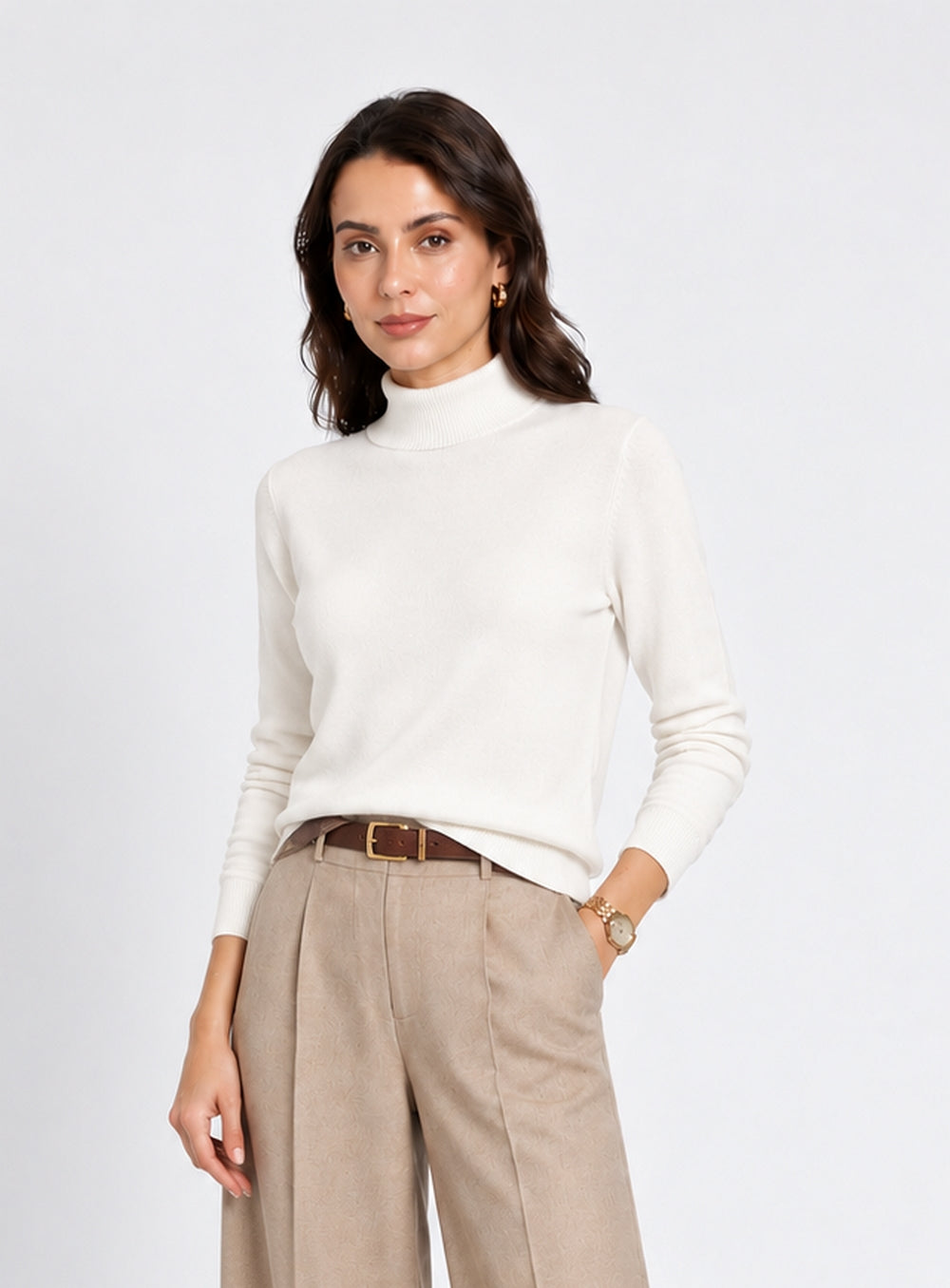 Classic long-sleeved high-neck sweater in 2-ply knit – Off white – William de Faye