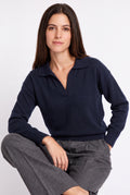 V-neck polo sweater, ribbed edges, oversized fit, long sleeves, 2-ply – Night blue – William de Faye