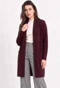 Long cardigan with shawl collar, pockets, and long sleeves in 2-ply fabric – Wine red – William de Faye