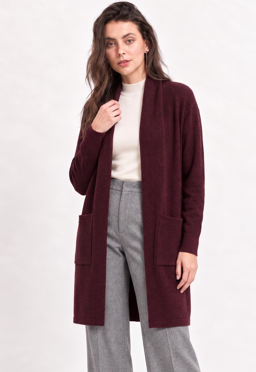 Gilet long col châle à poches – Bordeaux – William de Faye
