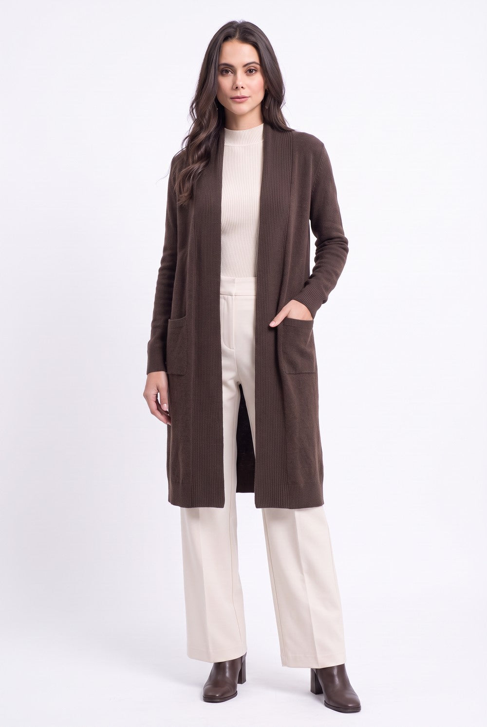 Gilet long col châle à poches – Café – William de Faye