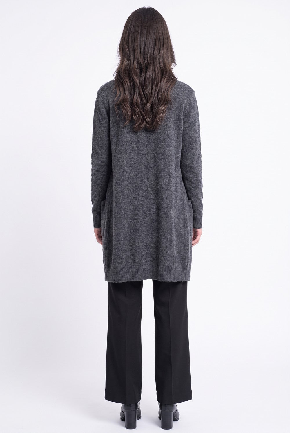 Gilet long col châle à poches – Gris foncé – William de Faye