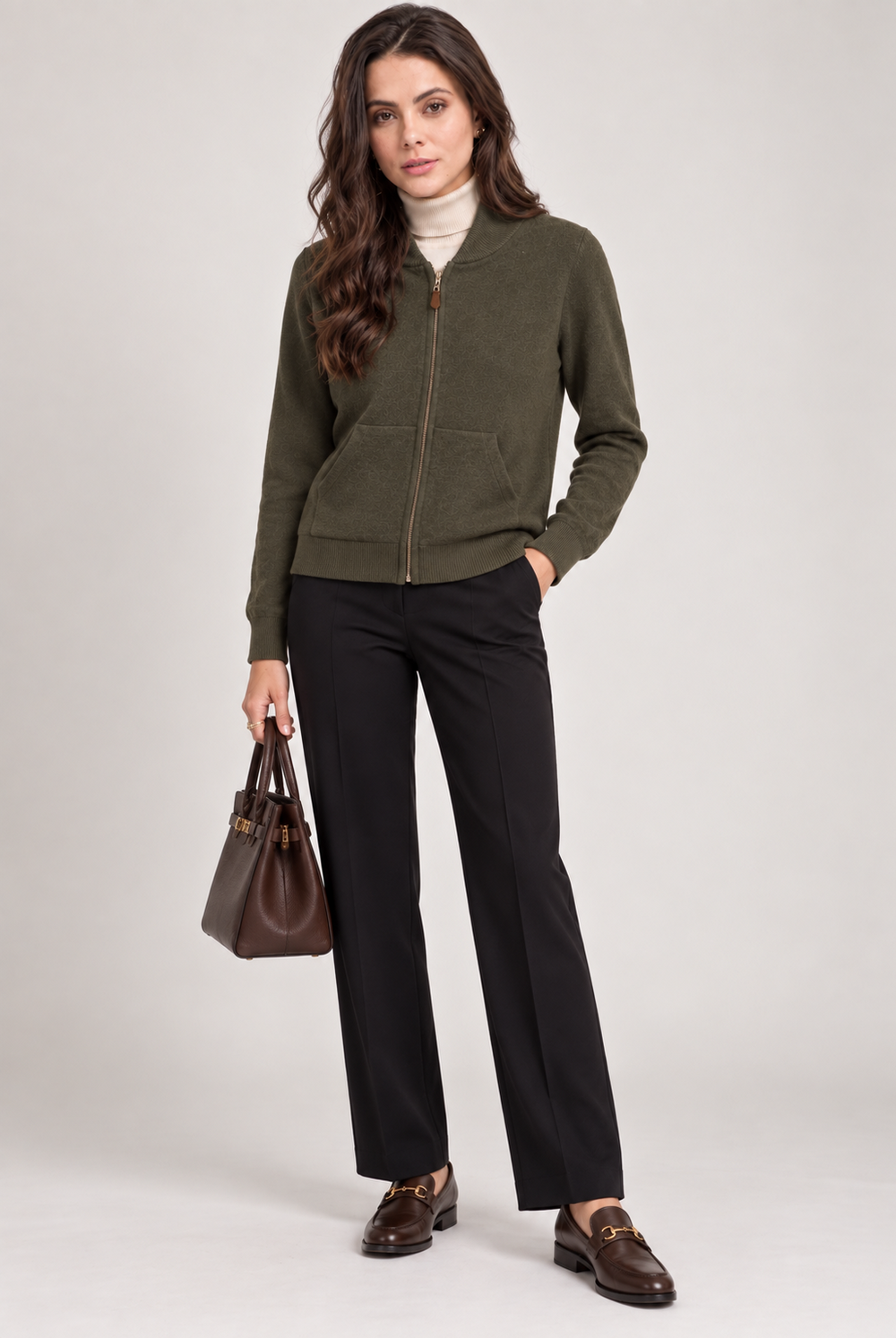 Zip-up hooded vest with drawstring ends, long sleeves, 2 threads – Khaki – William de Faye