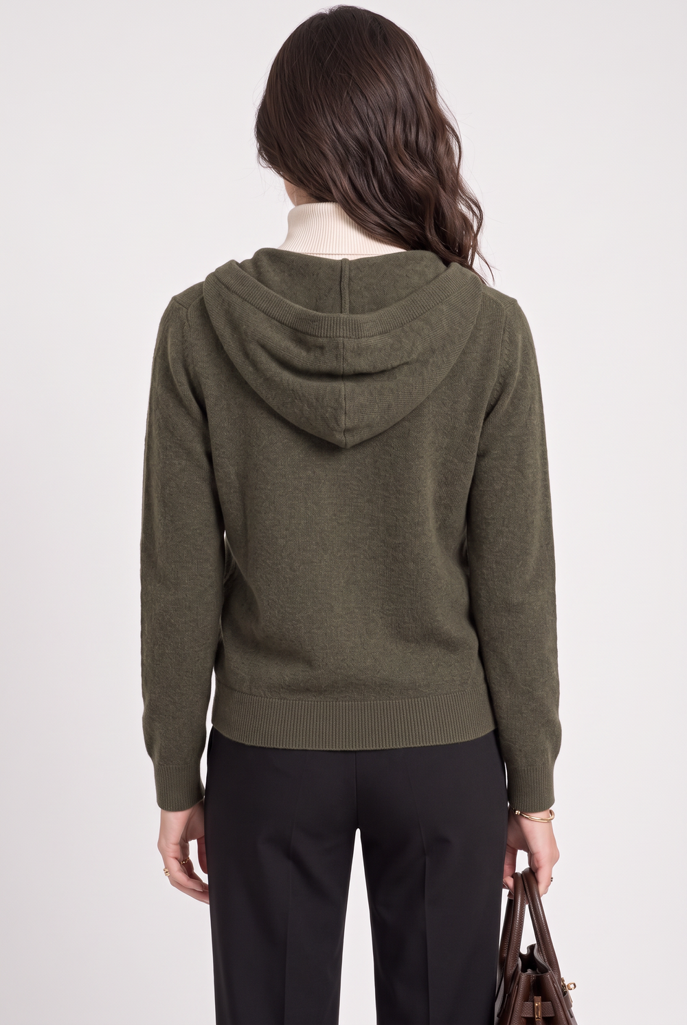 Zip-up hooded vest with drawstring ends, long sleeves, 2 threads – Khaki – William de Faye