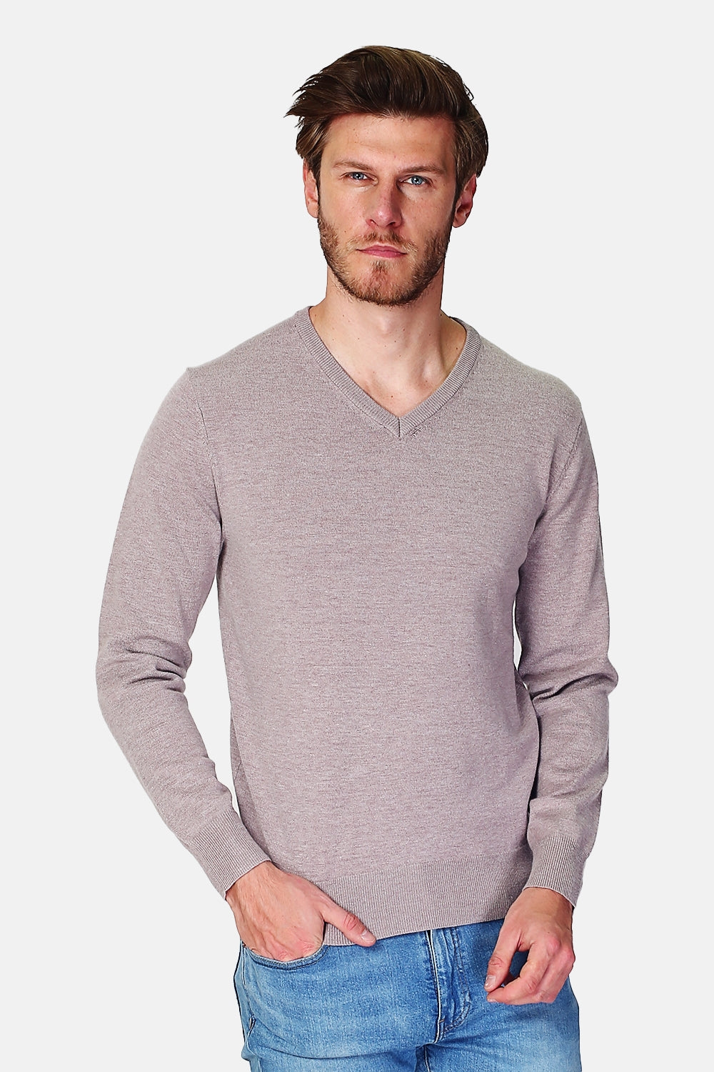 Classic V-neck sweater with long sleeves knitting in 3 threads