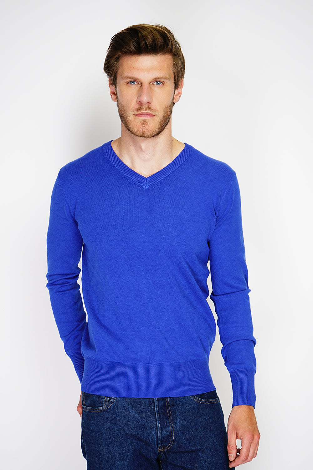 Classic V-neck sweater with long sleeves knitting in 3 threads