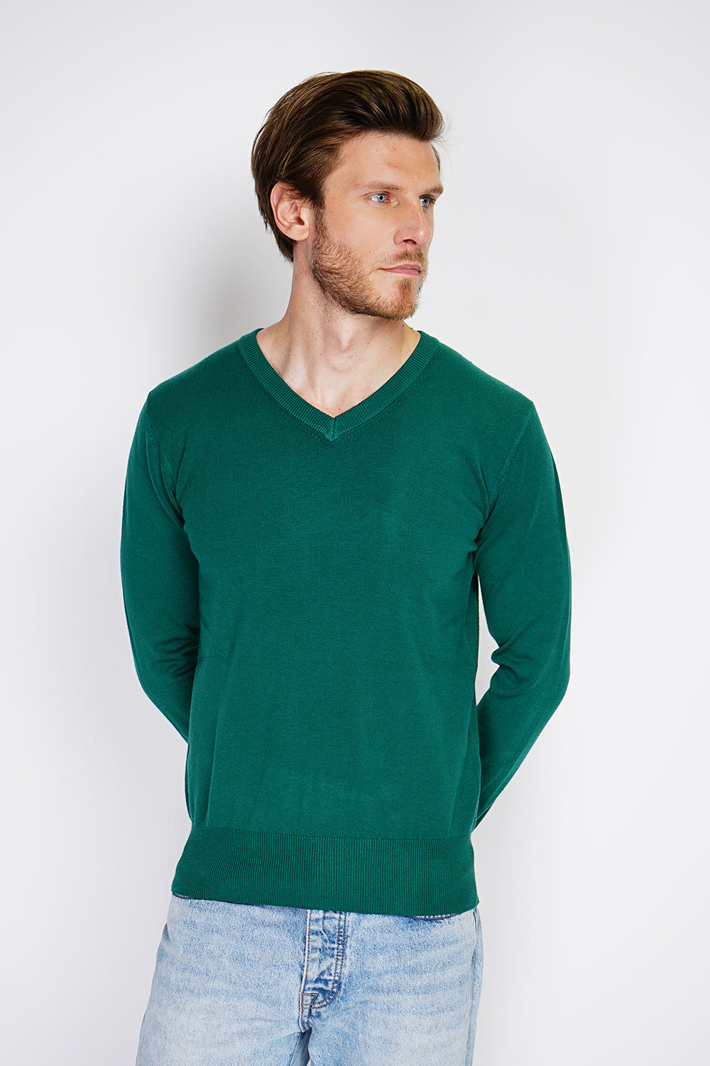 Classic V-neck sweater with long sleeves knitting in 3 threads