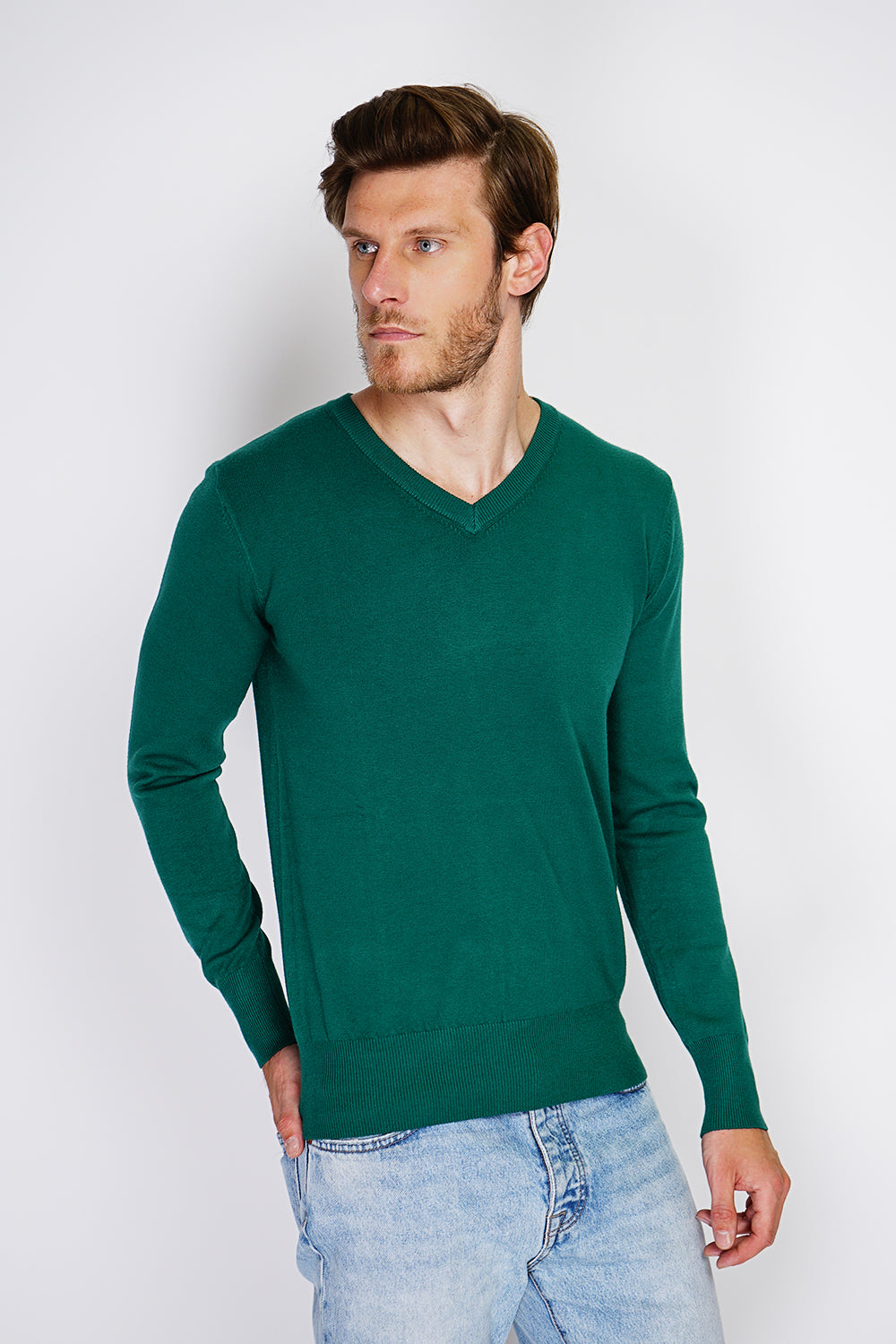 Classic V-neck sweater with long sleeves knitting in 3 threads