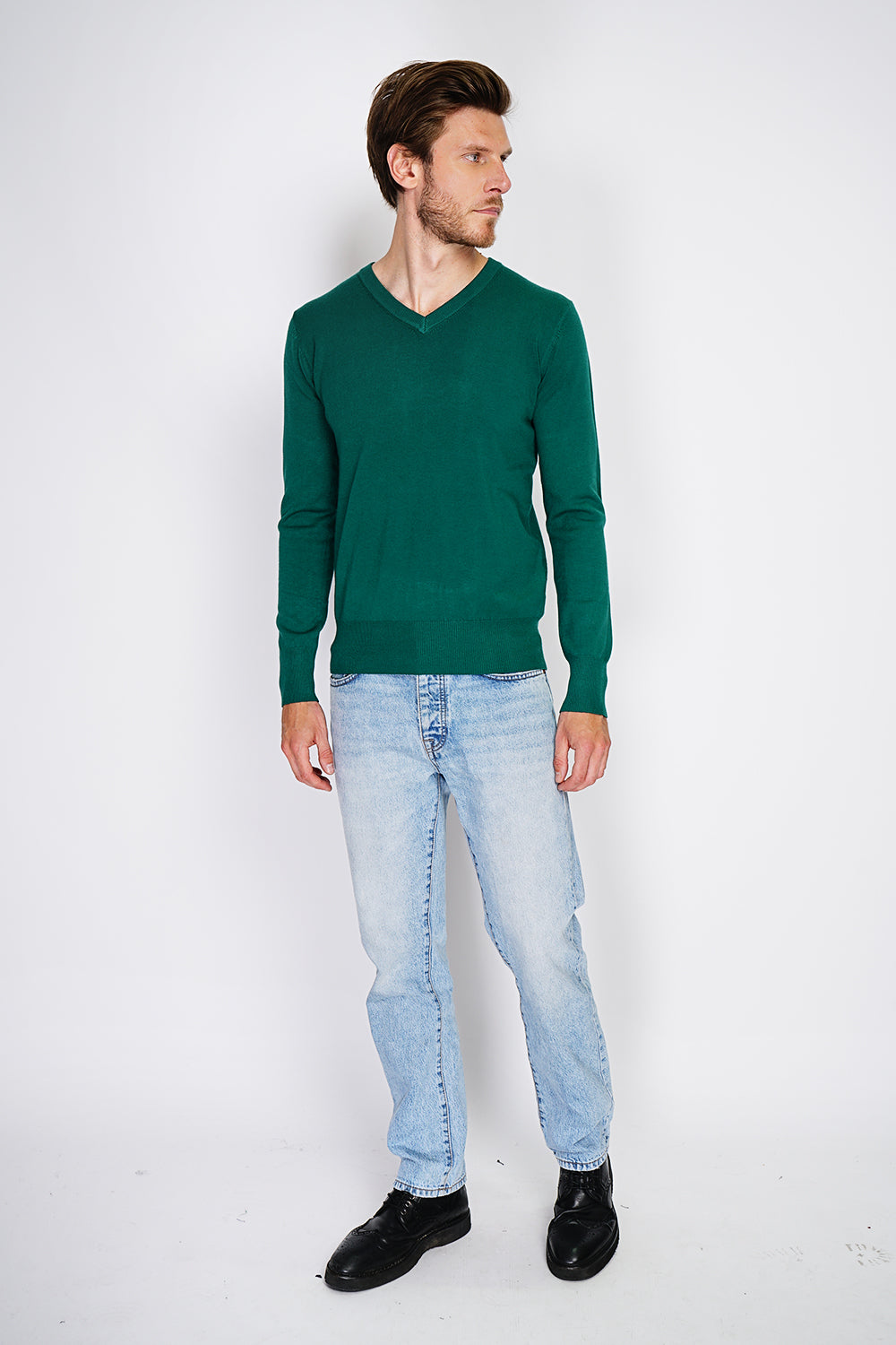 Classic V-neck sweater with long sleeves knitting in 3 threads