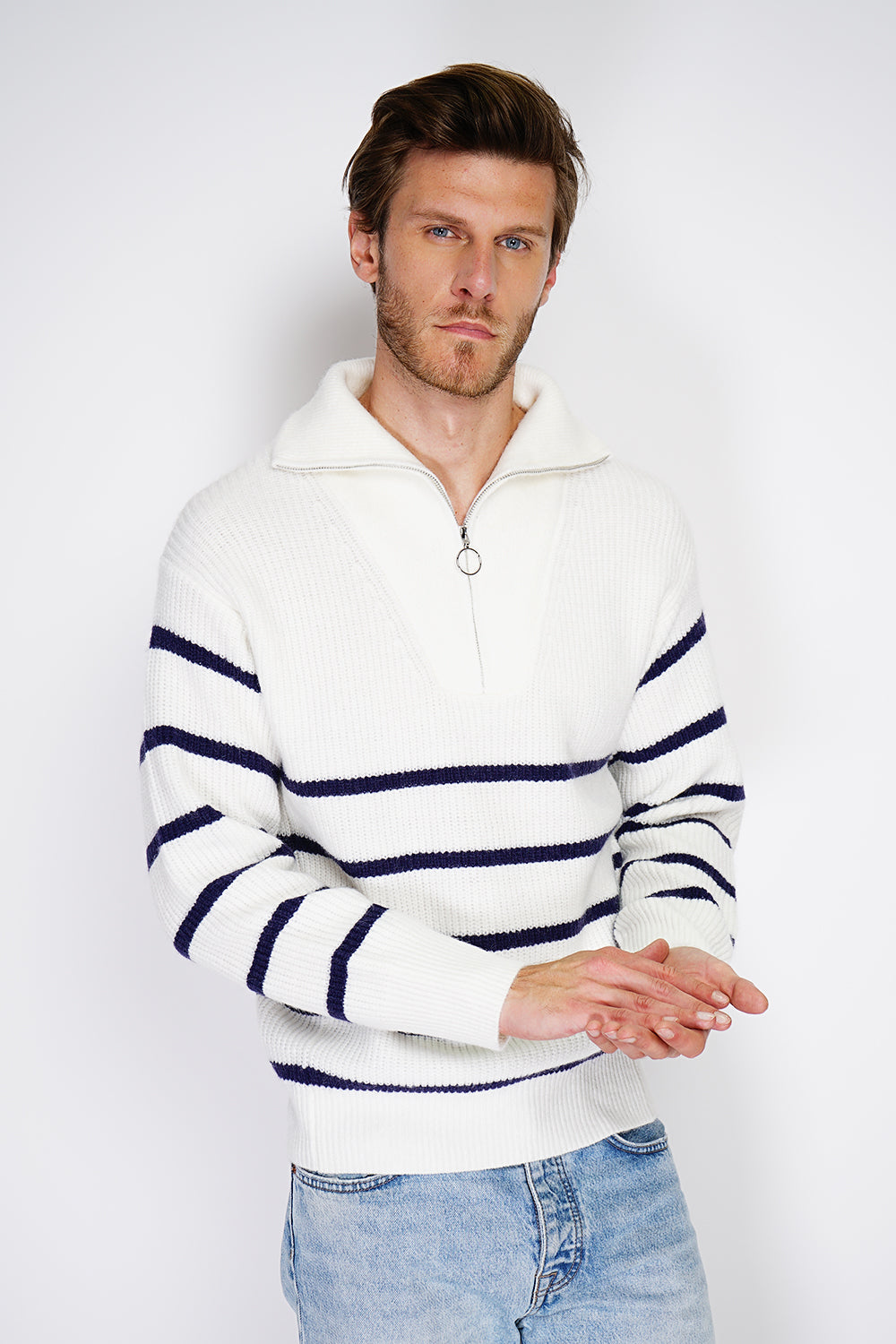 Fancy knitted sailor sweater with zipped trucker collar and sleeves