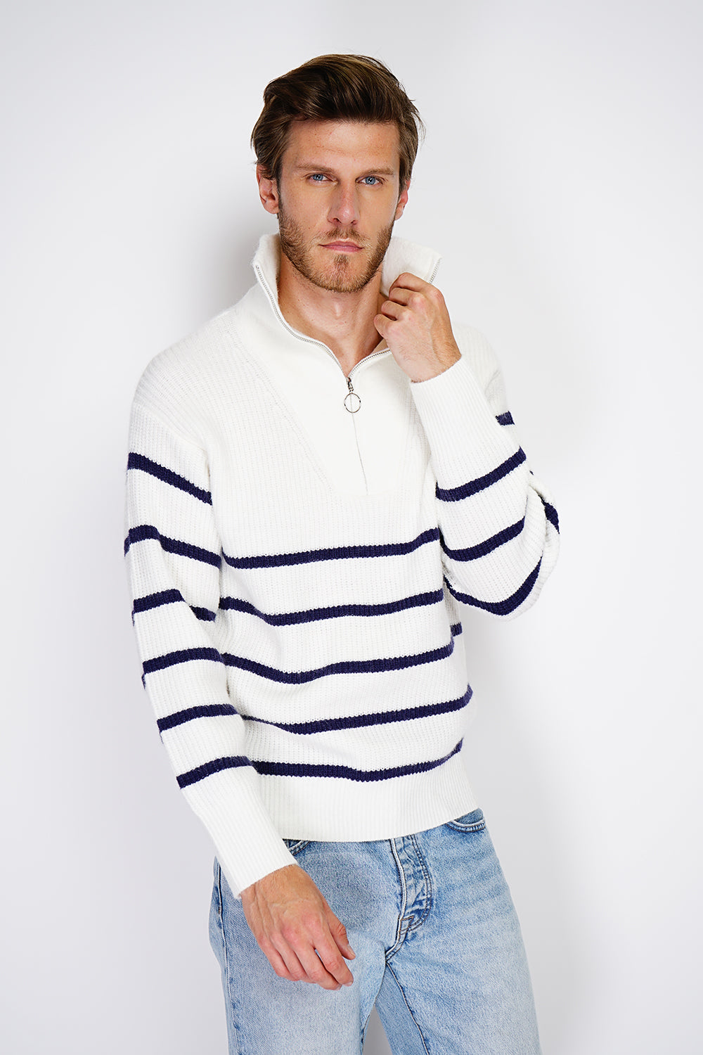 Fancy knitted sailor sweater with zipped trucker collar and sleeves