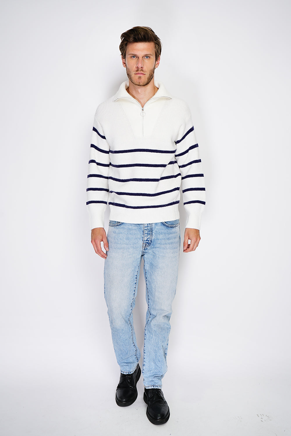 Fancy knitted sailor sweater with zipped trucker collar and sleeves