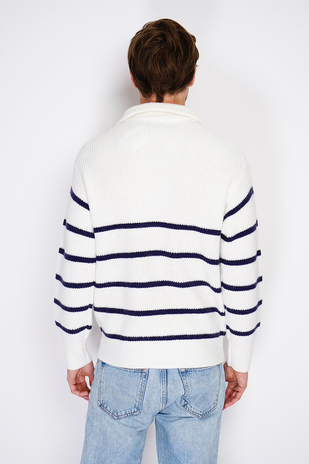 Fancy knitted sailor sweater with zipped trucker collar and sleeves