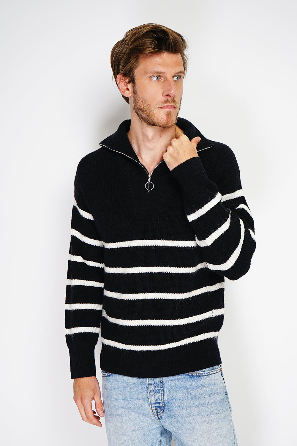 Fancy knitted sailor sweater with zipped trucker collar and sleeves