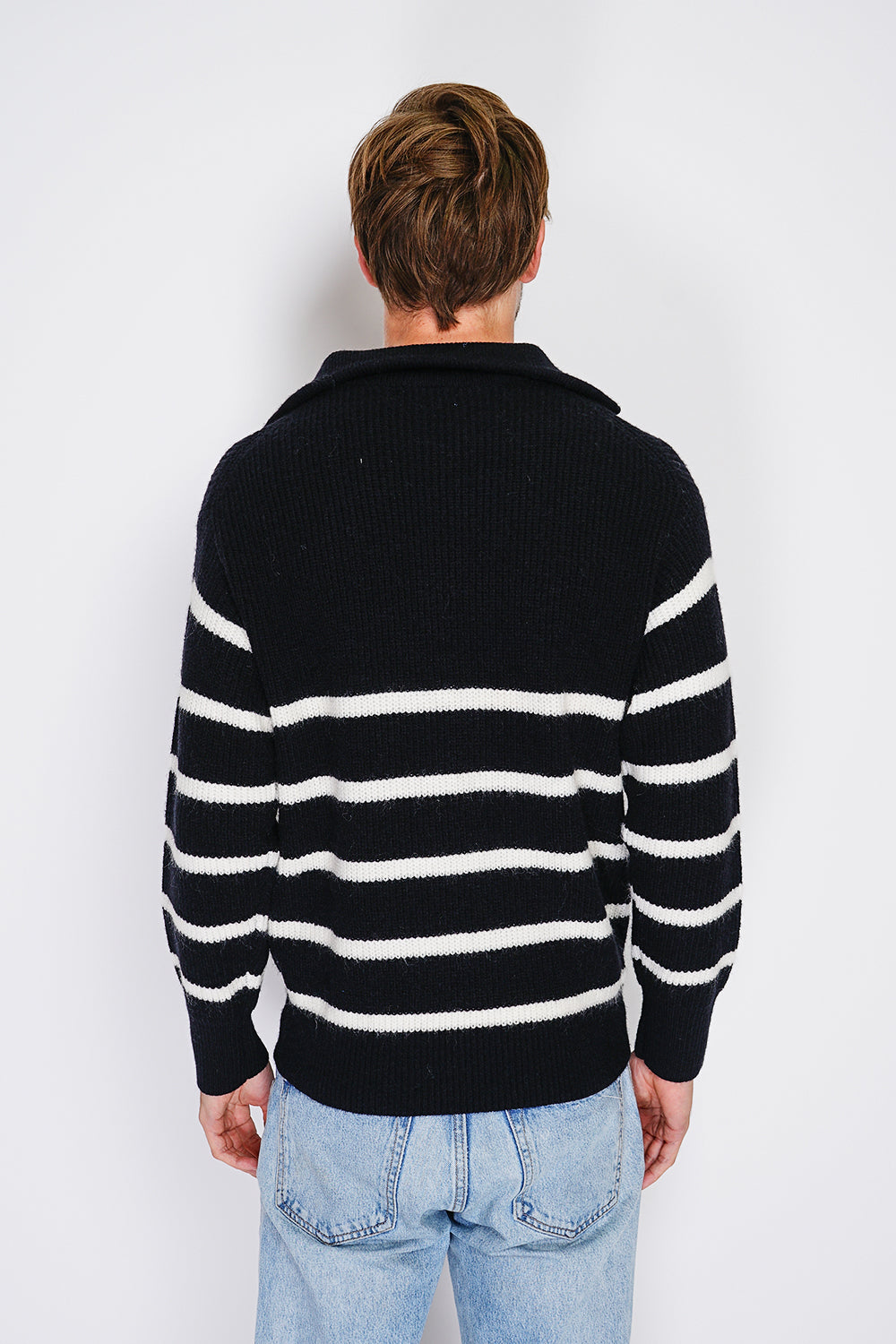 Fancy knitted sailor sweater with zipped trucker collar and sleeves