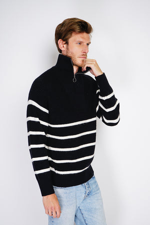 Fancy knitted sailor sweater with zipped trucker collar and sleeves