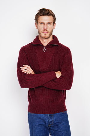 Fancy knit zipped trucker neck sweater with long sleeves