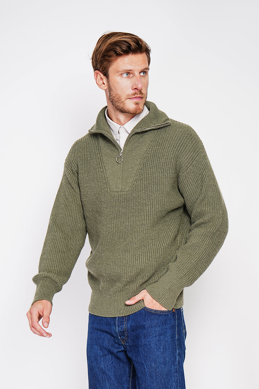 Fancy knit zipped trucker neck sweater with long sleeves