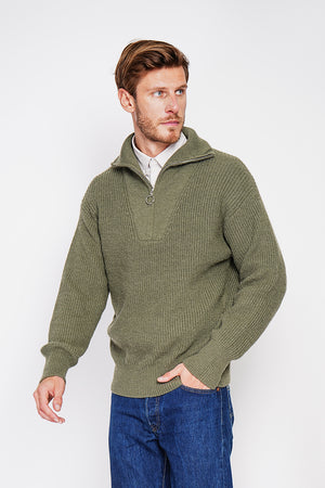 Fancy knit zipped trucker neck sweater with long sleeves