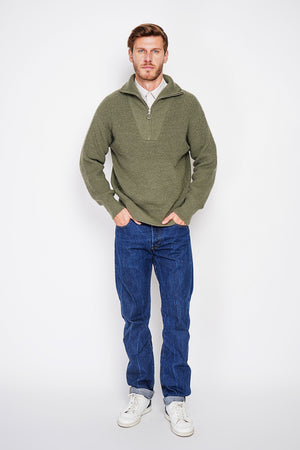 Fancy knit zipped trucker neck sweater with long sleeves