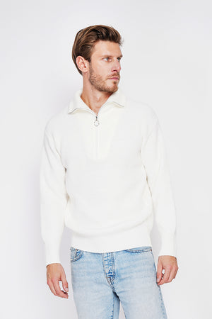 Fancy knit zipped trucker neck sweater with long sleeves
