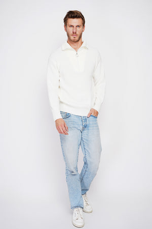Fancy knit zipped trucker neck sweater with long sleeves