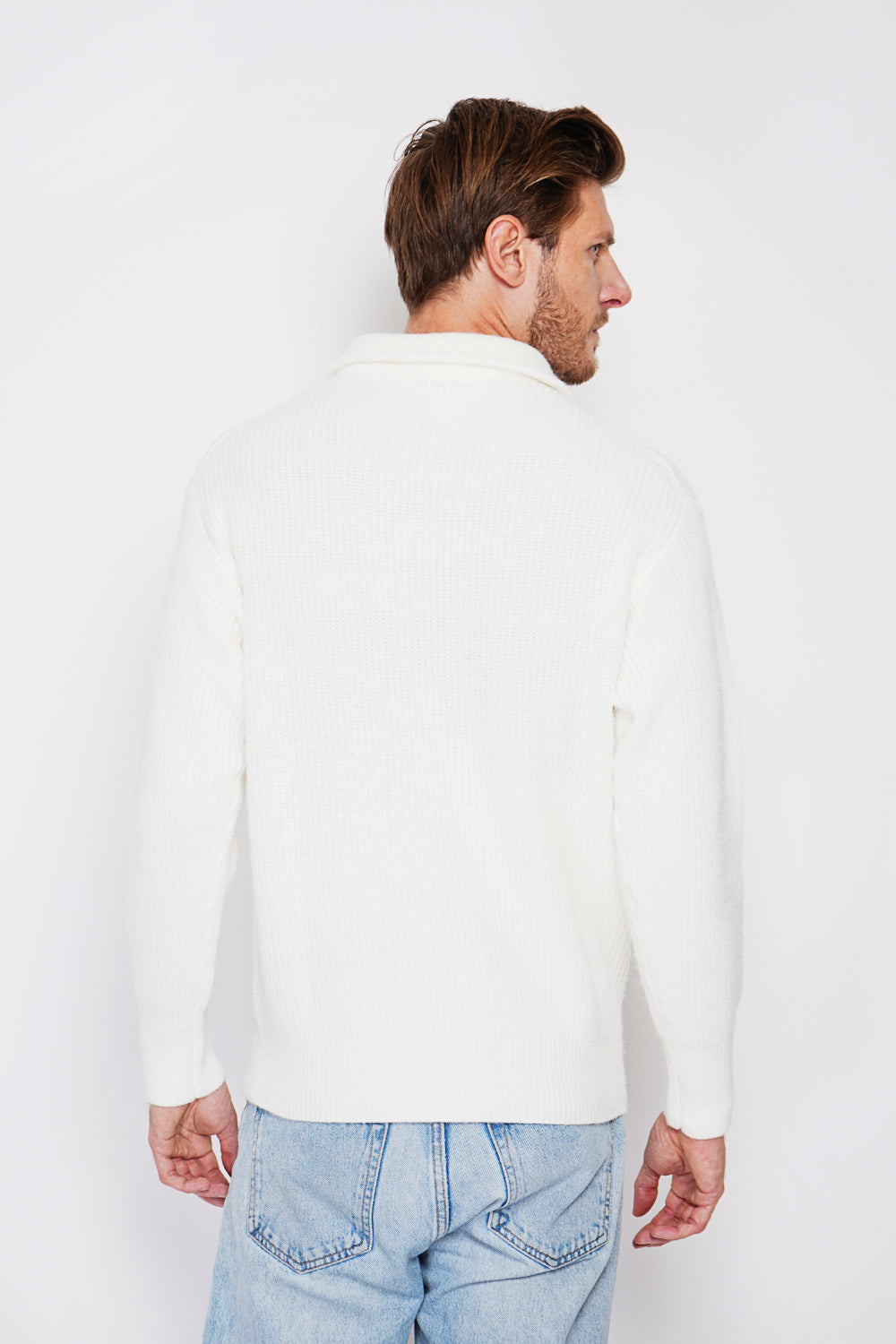 Fancy knit zipped trucker neck sweater with long sleeves