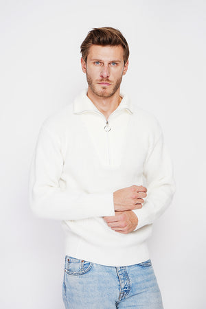 Fancy knit zipped trucker neck sweater with long sleeves