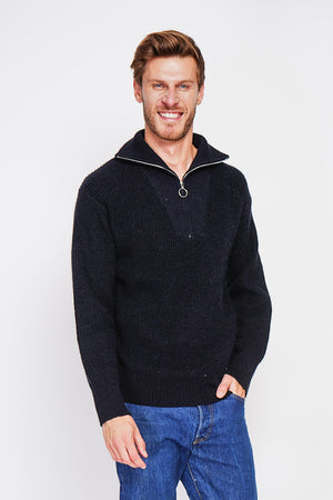 Fancy knit zipped trucker neck sweater with long sleeves