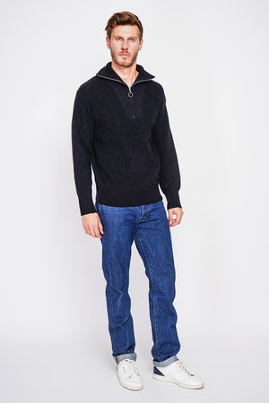 Fancy knit zipped trucker neck sweater with long sleeves