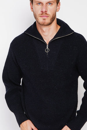 Fancy knit zipped trucker neck sweater with long sleeves