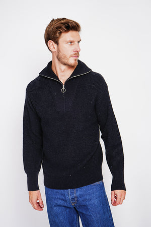 Fancy knit zipped trucker neck sweater with long sleeves
