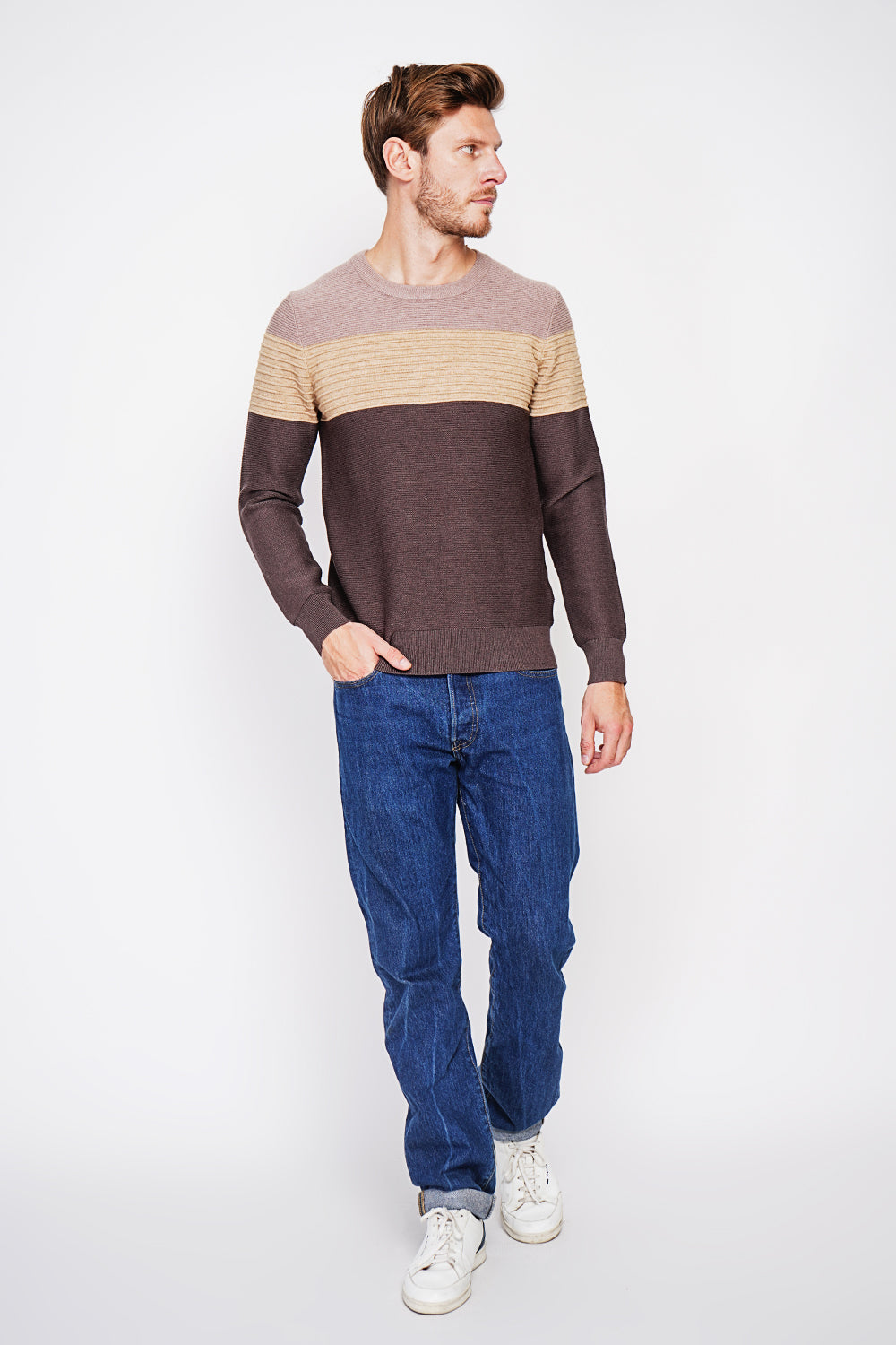 Long sleeve fancy knit crew neck sweater