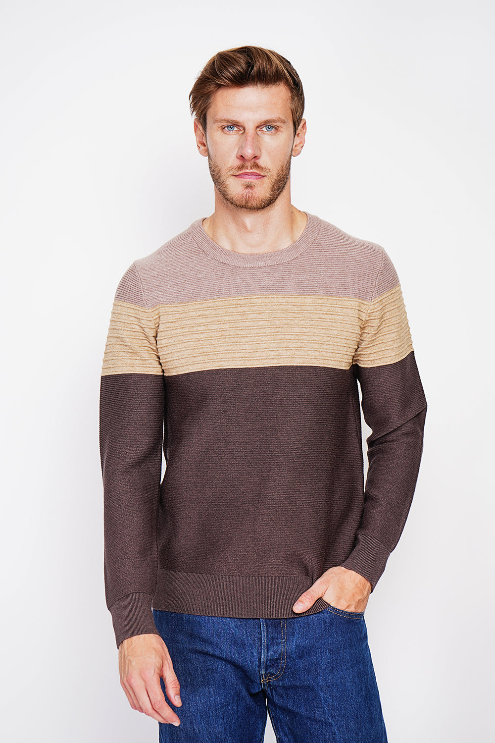 Long sleeve fancy knit crew neck sweater