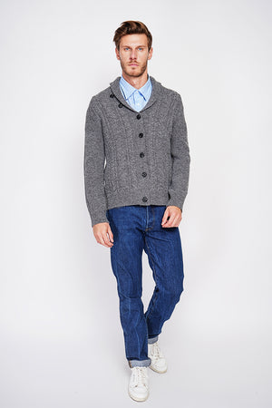 Long-sleeved twisted buttoned shawl collar cardigan