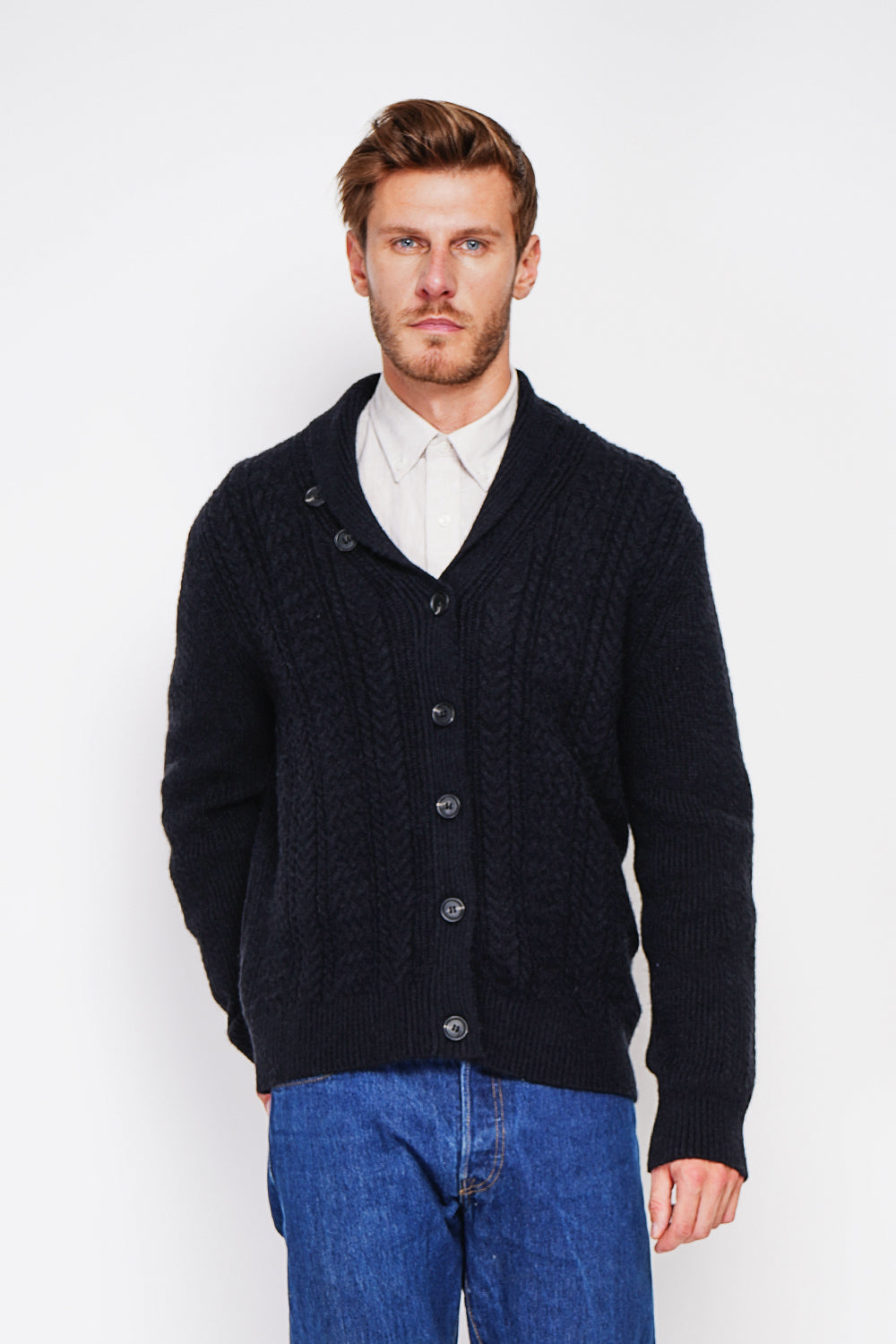 Long-sleeved twisted buttoned shawl collar cardigan