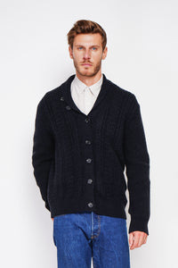 Long-sleeved twisted buttoned shawl collar cardigan