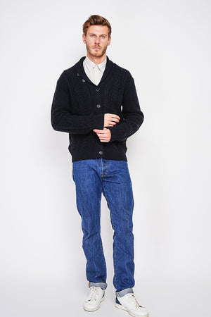 Long-sleeved twisted buttoned shawl collar cardigan